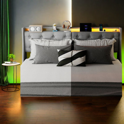 Lit coffre, cadre en acier king size avec éclairage DEL de chargement, chambre moderne