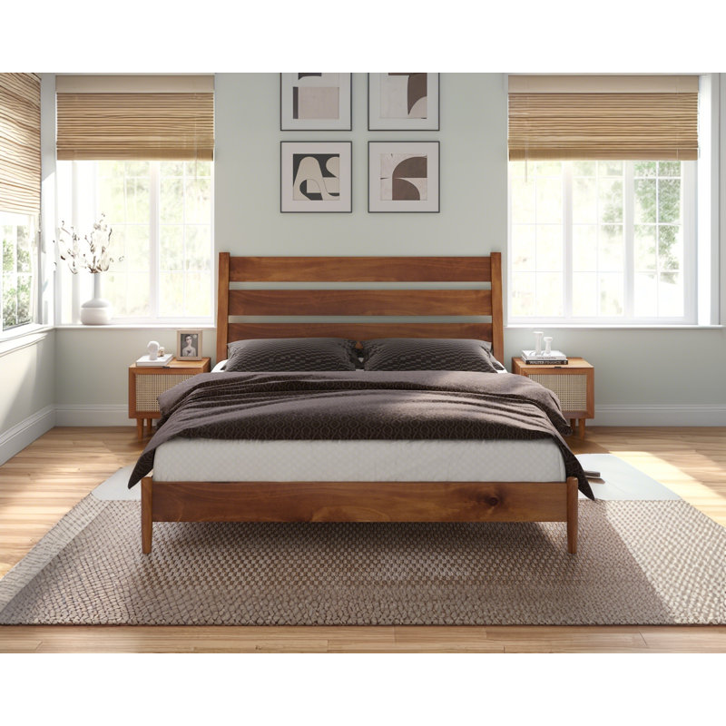 King Size Light Brown Pine Wood Bed Frame with Slatted Headboard