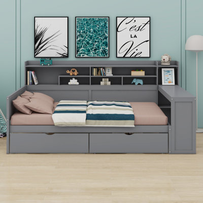 Wooden Daybed With Storage Shelves, Multi-Functional Bed With Storage Drawers And Study Desk