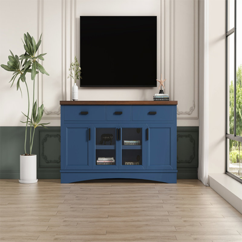 Console de télévision moderne bleue avec tablettes réglables et rangement spacieux, parfaite pour la vie organisée et élégante.