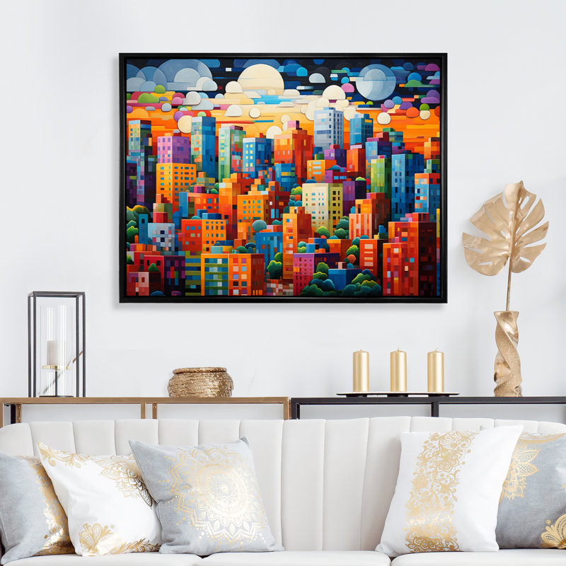 Pop Art Miamai Cityscape, reproduction d'art sur toile, H 34 po x l 44 po x P 1,5 po, Cadre flottant noir