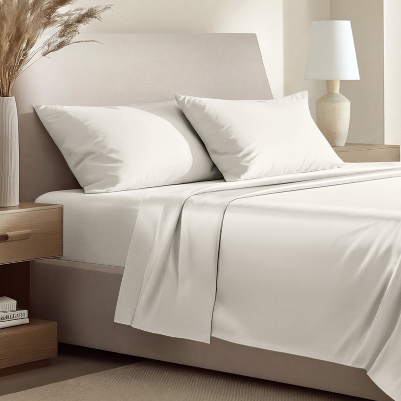 400 Thread Count Sateen Sheet Set, Twin Extra Long Sheet Set with 1 Pillowcase, Antique White