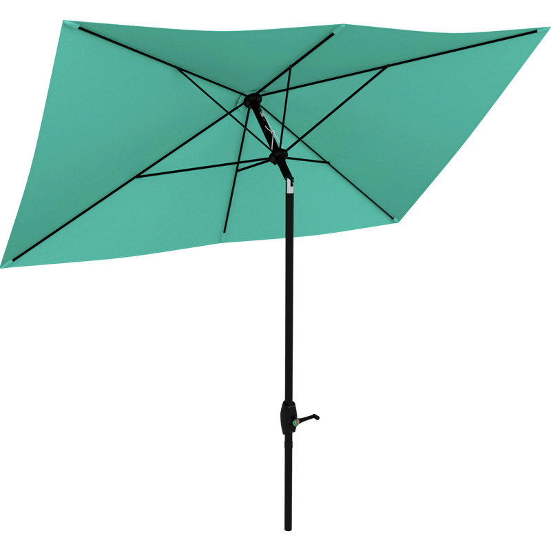 Parasol de patio de 6,5 pi x 10 pi, couche de protection, manivelle et inclinaison réglable, parasol de patio rectangulaire bleu sarcelle, protection, forme d'inclinaison simple,