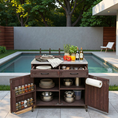 Îlot de cuisine extérieur avec plateau en acier inoxydable, grand tiroir, tablettes réglables, supports de rangement internes et 4 roulettes