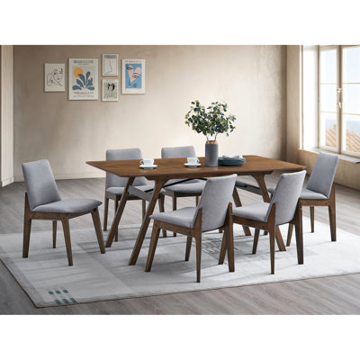 Ensemble de 7 pièces de salle à manger en noyer et gris - table rectangulaire, 6 sièges d'appoint rembourrés, composition scandinave en noyer, finition, sièges, captivation