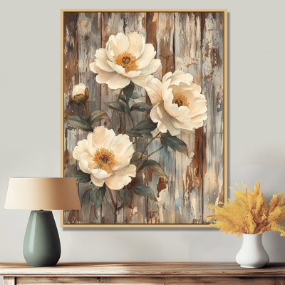 Pe pivoines par la porte de grange III - pivoines, reproduction d'art sur toile encadrée