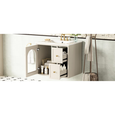 24" Bathroom Vanity: Wall - Mounted For Small Spaces, Ceramic Sink, 1 Soft Close Door, Two Deep Drawers, Space Saving, Quick Installation, Modern Decor 2 Overflow, Glass Door Storage, Assembly, Look