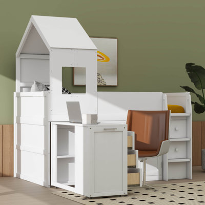 Lit mezzanine simple pour enfants et adolescents, comprenant bureau et armoire, style maison en bois avec toit, tiroirs et unités de rangement