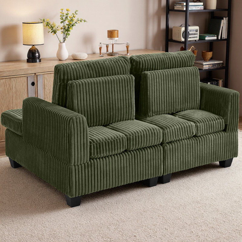 Canapé modulaire ajustable 2 pièces avec dossier ajustable et chaise longue convertible en velours côtelé Fluffy, Vert