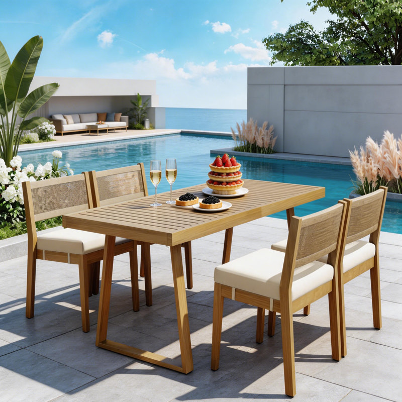 63” Acacia Wood Outdoor Dining Set For 4 With Cushioned Chairs, Modern Patio Table And Rattan Back Seating, Beige