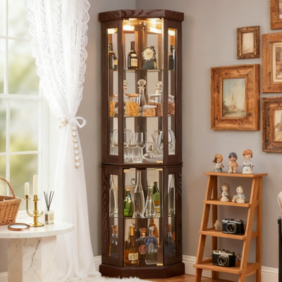 Corner Glass Lighted Curio Cabinet With Adjustable Shelves, Mirrored Back & Side-Hung Doors – Antique Display Case For Living Room, Bar, Or Collectibles, Dark Cherry