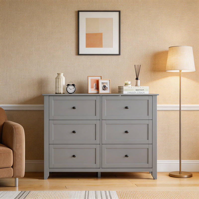  Commode 6 tiroirs, commode moderne et élégante, tiroirs profonds et poignée ronde en nickel, commode en bois avec beaucoup d'espace de rangement pour la chambre à coucher, le salon, le vestibule, gris