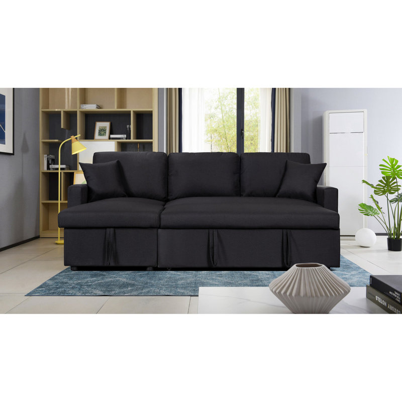 Black Linen Fabric Sectional With Reversible Chaise Sleeper And Storage In Cloth