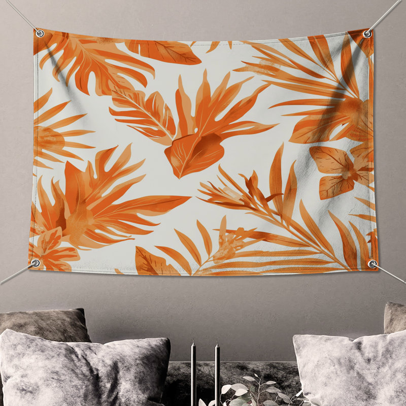 Tapisserie murale feuilles tropicales orange - Décoration murale tropicale, 50in H x60in W with 4 Grommets
