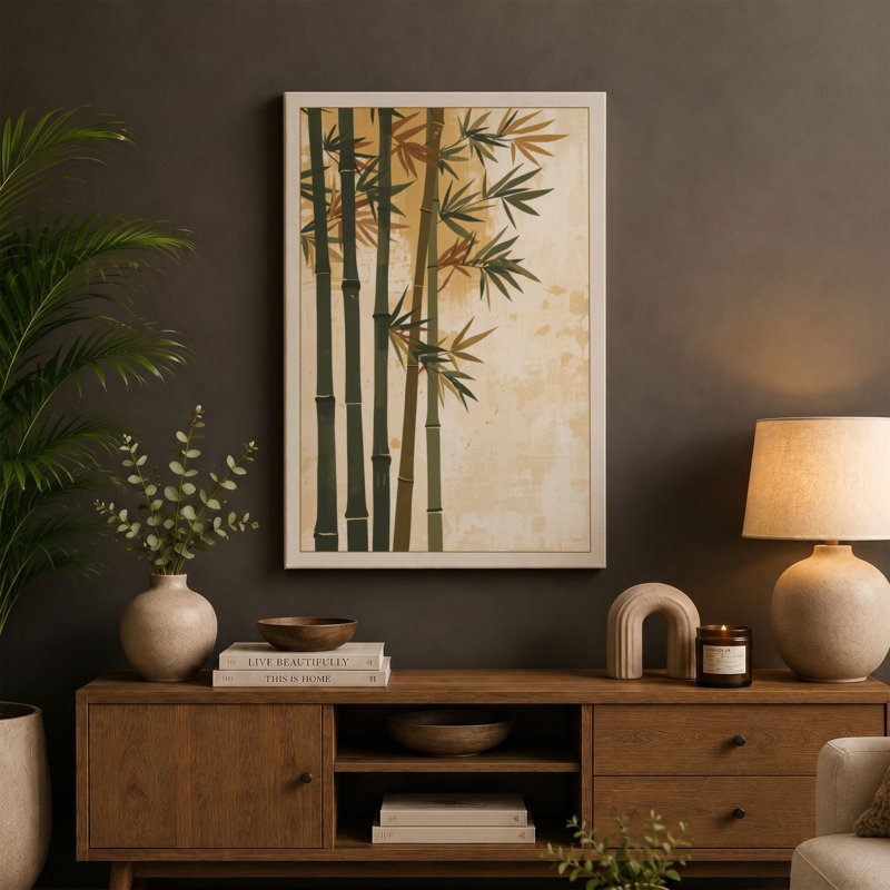 Bamboo in Ink Japandi - Wrapped Canvas, 24x16 - 61.0 x 40.6 cm, Ochre Border