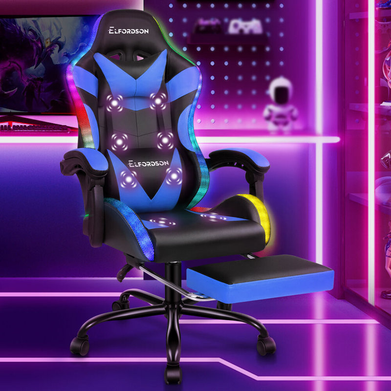 ELFORDSON Adjustable Reclining Swiveling PC & Racing Game Chair with Footrest, Blue