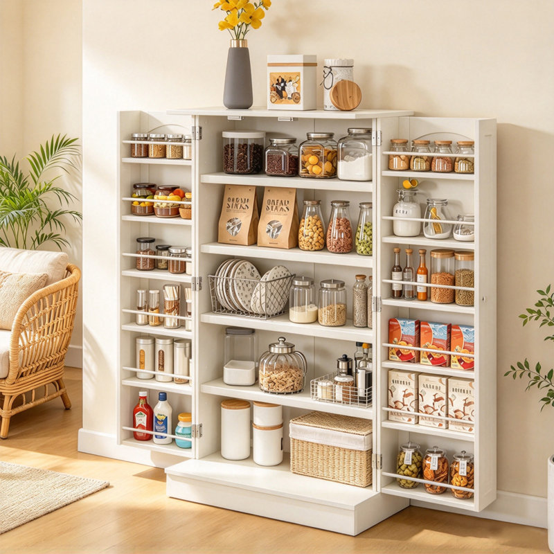 Armoire de cuisine avec 12 étagères à épices, 2 tablettes réglables et 2 portes, White
