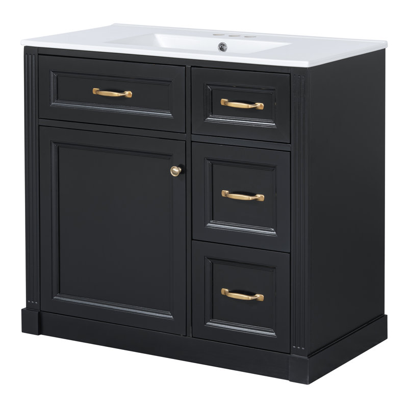 Meuble-lavabo 36 po avec lavabo en céramique, tablette réglable et 4 tiroirs, Noir
