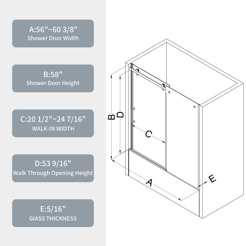 Matte Black Tempered Glass Sliding Shower Door 56-60" W x 58" H
