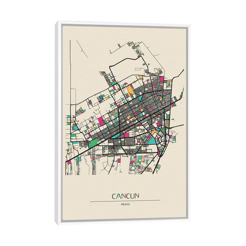 Cancun, Mexico Map by Ayse Deniz Akerman - Floater Frame Print on Canvas