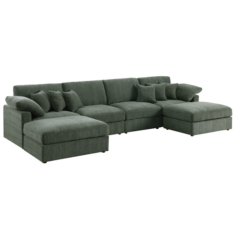 6 - Piece 145.5" U Shape Sectional Sofa Cloud Couch With Removable Ottomans, Chenille Green 