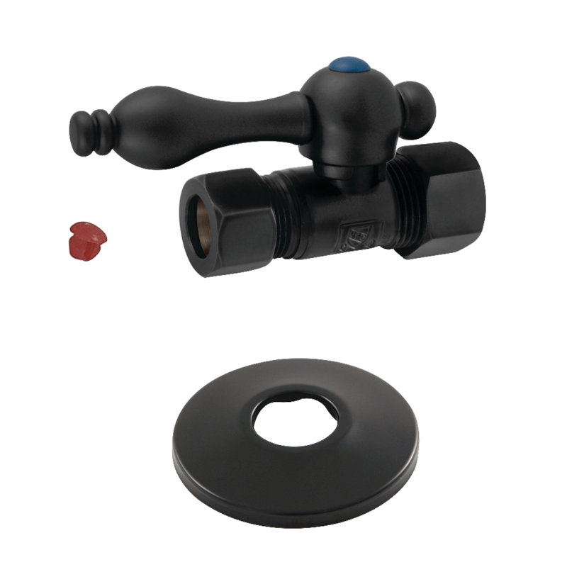 Kingston Brass 5/8-Inch OD Comp x 1/2-Inch OD Comp Quarter-Turn Straight Stop Valve with Flange, Matte Black