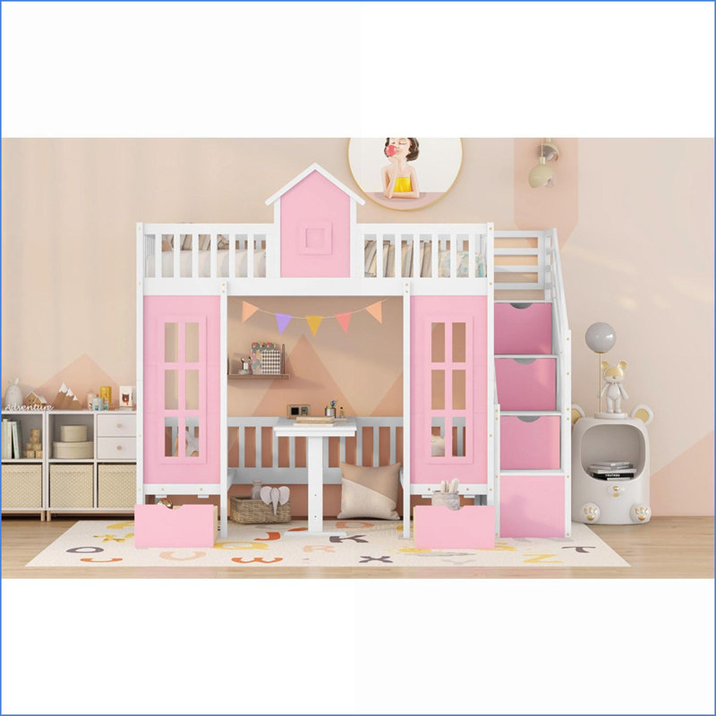 Twin Over Twin Convertible Pinewood Bunk Bed with Desk - White/Gray/Pink for Small Bedrooms