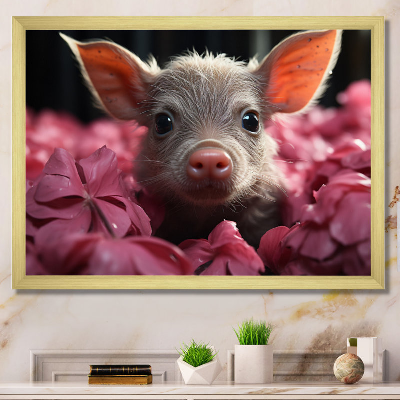 Pink Curious Pig I - Animals Canvas Wall Art, Encadrement doré, H 34 po x l 44 po x P 1,5 po