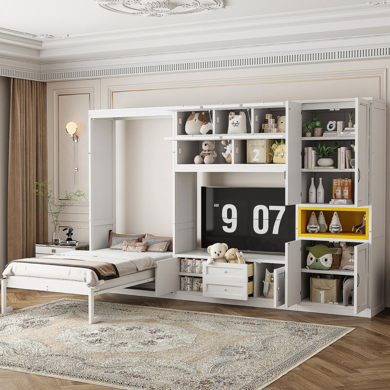 Versatile Twin-Size Wooden Murphy Bed with Integrated TV Stand, Ample Storage, Ideal for Space-Saving in Small Rooms and Multi-Purpose Areas