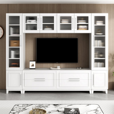Entertainment Center For Tvs Up To 75", Full Wall Storage Unit, Striped Glass Cabinet Doors, Modern Minimalist, Living Room Showcase