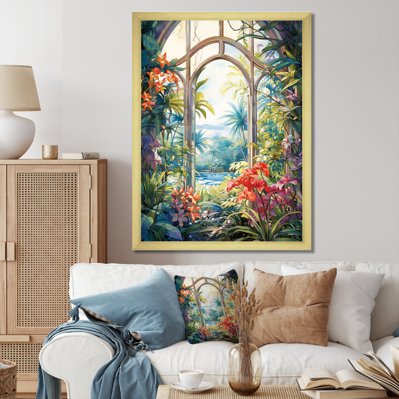 «Tropical Windows View Blooms 1», art mural floral abstrait, Cadre doré simple, H 40 po x l 30 po x P 1,5 po