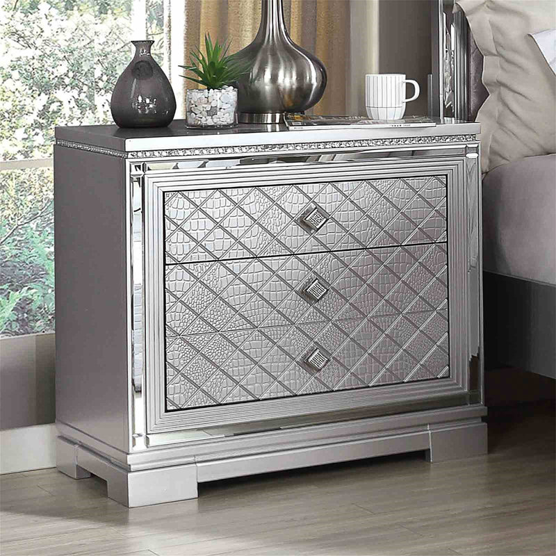 Glam Style finition argentée 1pc table de chevet cachée porte-bijoux port USB glissières à roulement à billes finition argentée