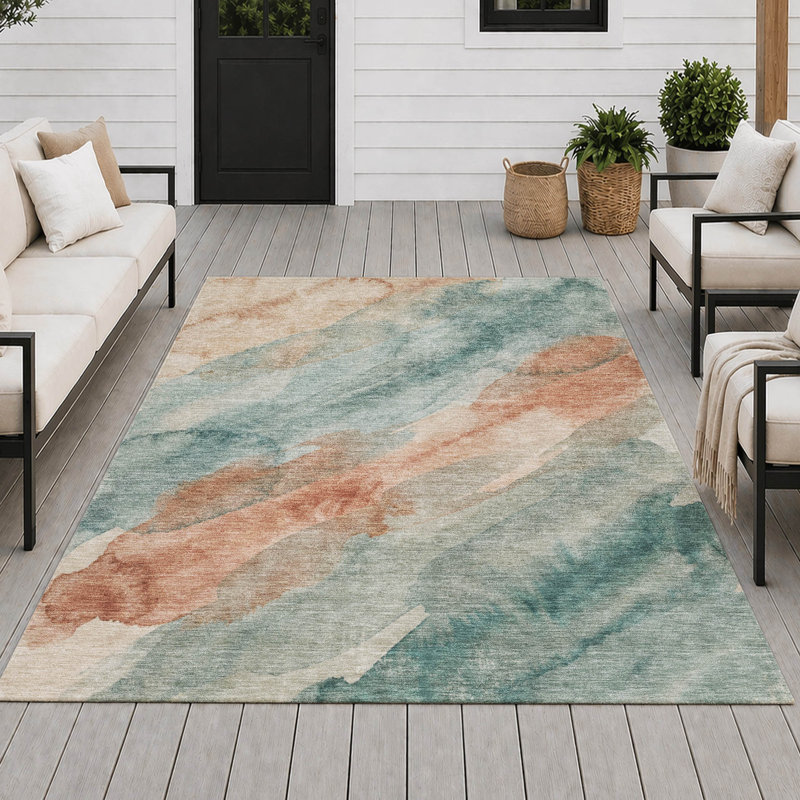 Tapis abstrait lavable à la machine intérieur / extérieur ACN2949, Écume de mer, écume de mer, 8 pi x 10 pi