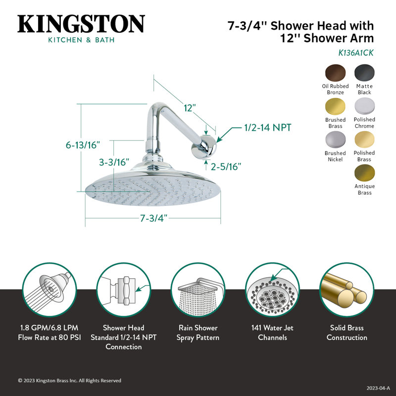 Kingston Brass Shower Scape 7-3/4-Inch Round Raindrop Brass Shower Head with 12-Inch Shower Arm, Brushed Nickel