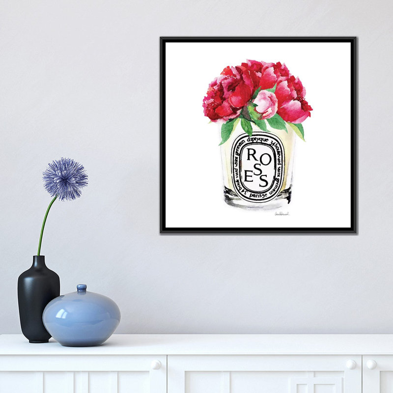 «Candle with Deep Pink Pivoines», reproduction sur toile, H 37 po x l 37 po x P 1,5 po, Toile avec cadre noir, Pas de tapis