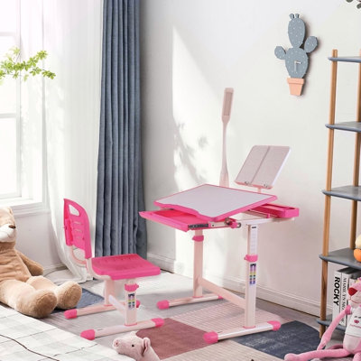 Desk For Kids Desk And Chair Set Kids Art Desk Drafting Table Desk Set With Adjustable Height, 40-Degree Tiltable Children Desktop, LED Light,Bookstand,Blue