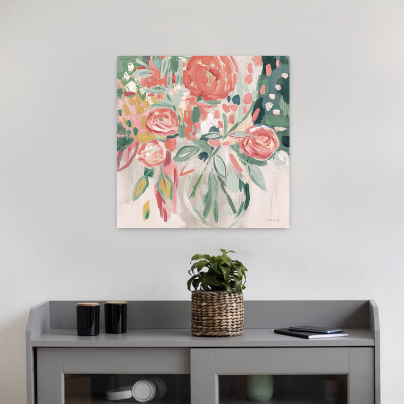 Art contemporain contemporain floral rose avec bouquets bleus, H 18 po x l 18 po