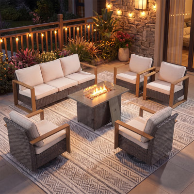 Aldiana 6-Piece Outdoor Conversation Set With Swivel Gliders And Fire Pit Table, 7-Person Wicker Patio Seating With Sofa And Armchairs