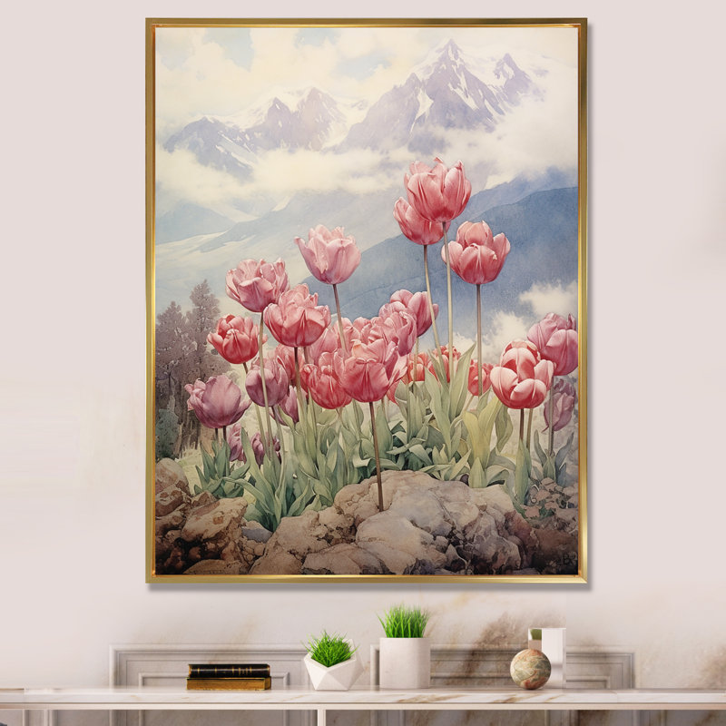 «Retro Blooming Retro Tulips Mountain Flowerfield» sur toile, H 44 po x l 34 po x P 1,5 po, Cadre flottant doré