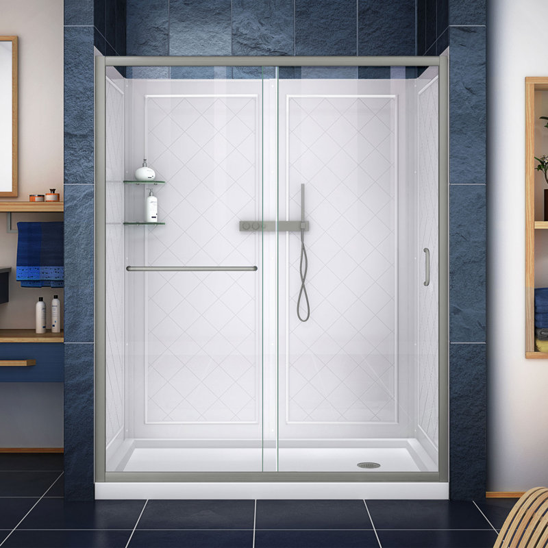 Infinity-Z 60" W x 30" D x 76.75" H Semi-Frameless Rectangle Shower Enclosure with Towel Bar and Base Included, Chrome, Clear