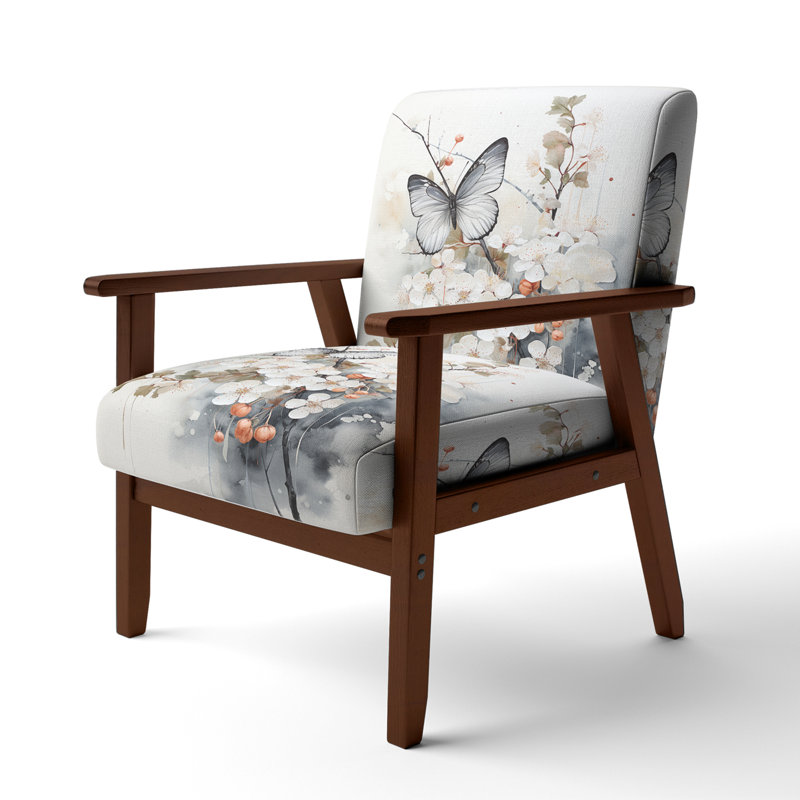 Asian Art White And Grey Butterfly - Upholstered Traditional Arm Chair, Brown Square Arms