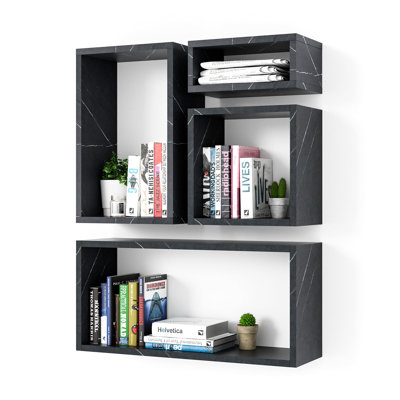  Wall Mount Cube Shelf Set Of 4,Floating Cube Shelves For Space Discovery, Black Marble
