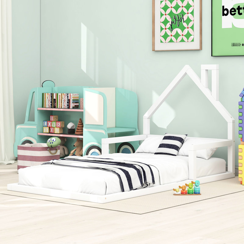 Lit simple au sol en bois, blanc - tête de lit en forme de maison pour lit confortable avec tête de lit attrayante, pin massif et bois massif, chambre chaude