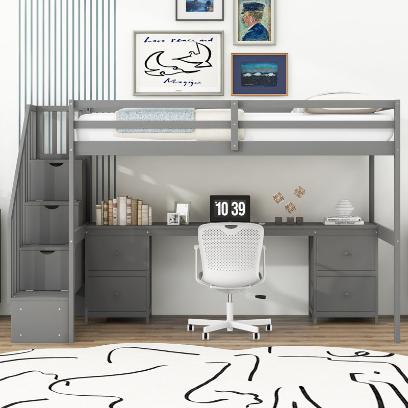 Structure de lit simple mezzanine avec bureau intégré et deux compartiments de rangement, Gris