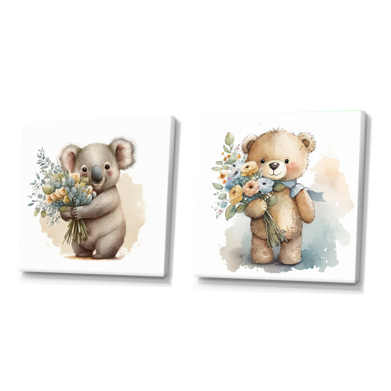 Koala tenant des fleurs - animaux, ensemble de 2 collages carrés, Toile tendue, H 30 po x l 61 po