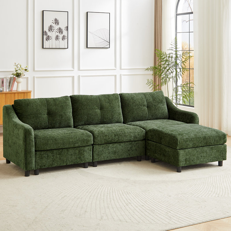 Modern Chenille L-Shaped 3 Seater Sofa With Removable Ottoman, Green