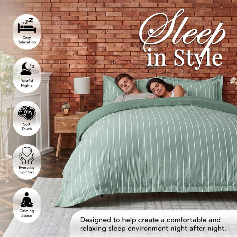 Polyester Striped Duvet Cover Set, King Duvet Cover + 2 Standard Pillowcases, SAGE GREEN Striped
