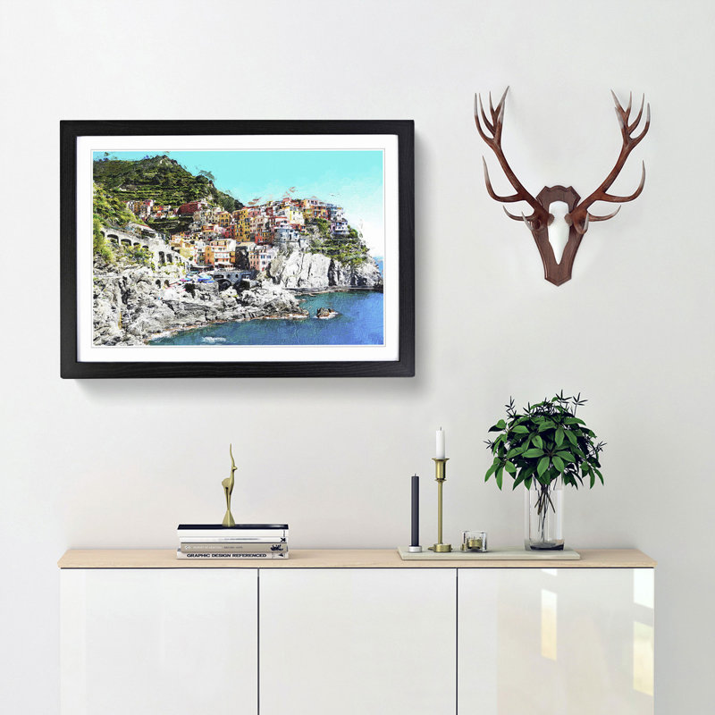 Cinque Terre in Italy - Picture Frame Painting Print, 27cm H x 36cm W x 2cm D, Black Framed