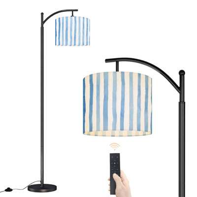 Lampe sur pied à arc avec abat-jour ajustable à rayures aquarelles bleues Lampe sur pied blanche à 3 températures de couleur à intensité variable avec interrupteur au pied pour chambre à coucher