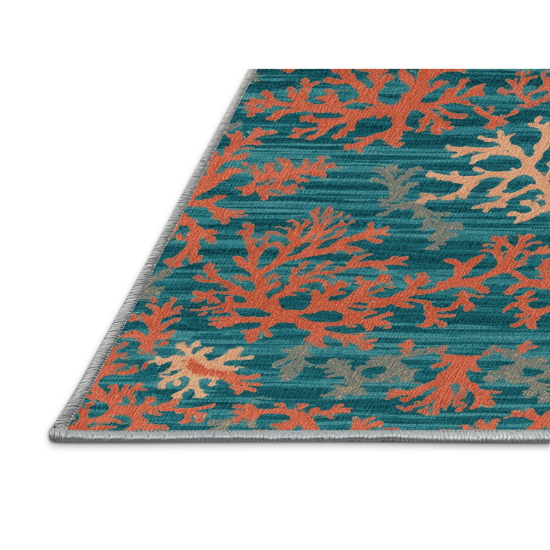 Washable Aqua and coral Nautical Area Rug, Square 6'